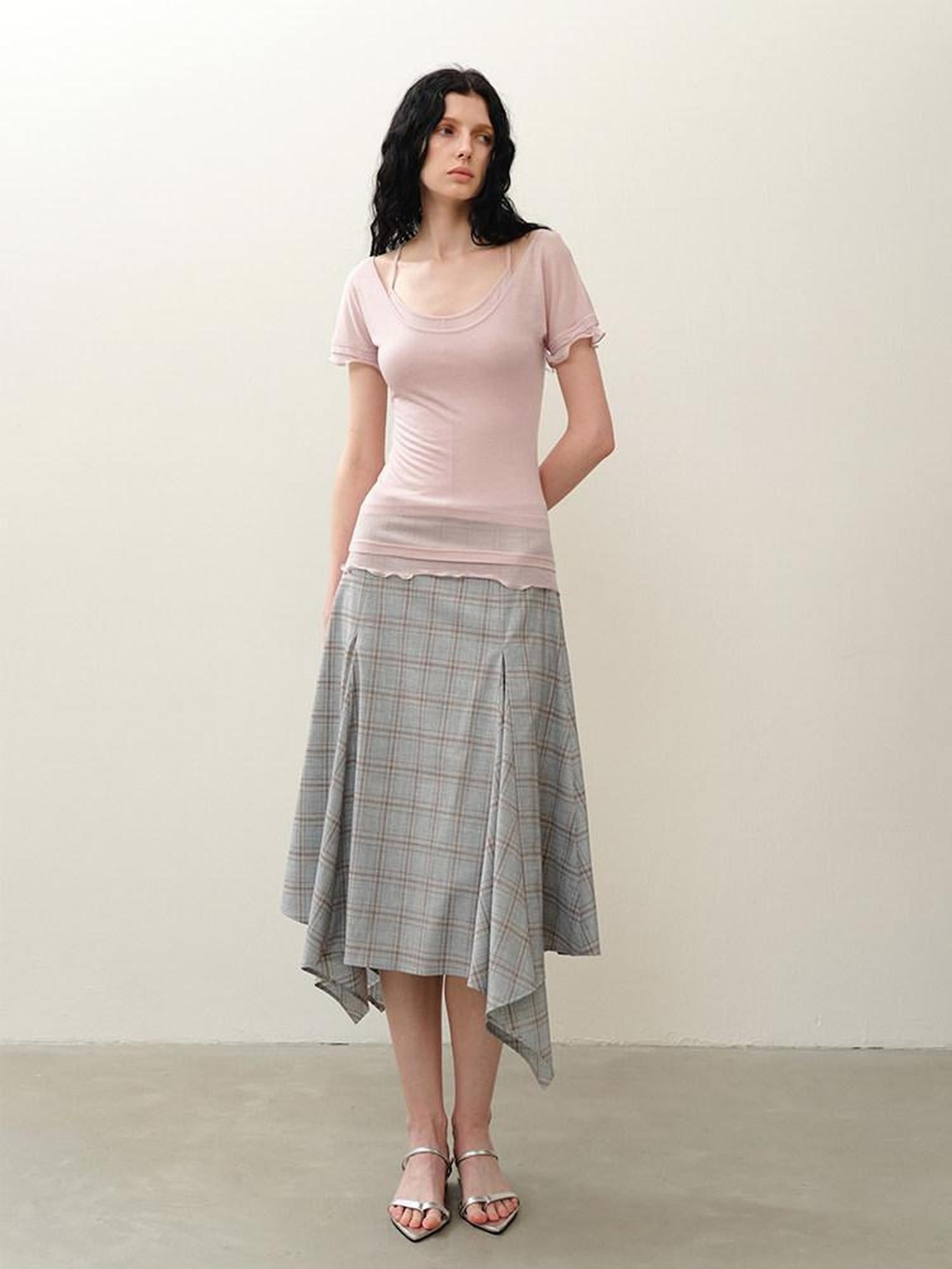 someonesometimes Lightweight Polyester Two Piece Plaid Short Sleeve Pullover Top & Skirt Sets
