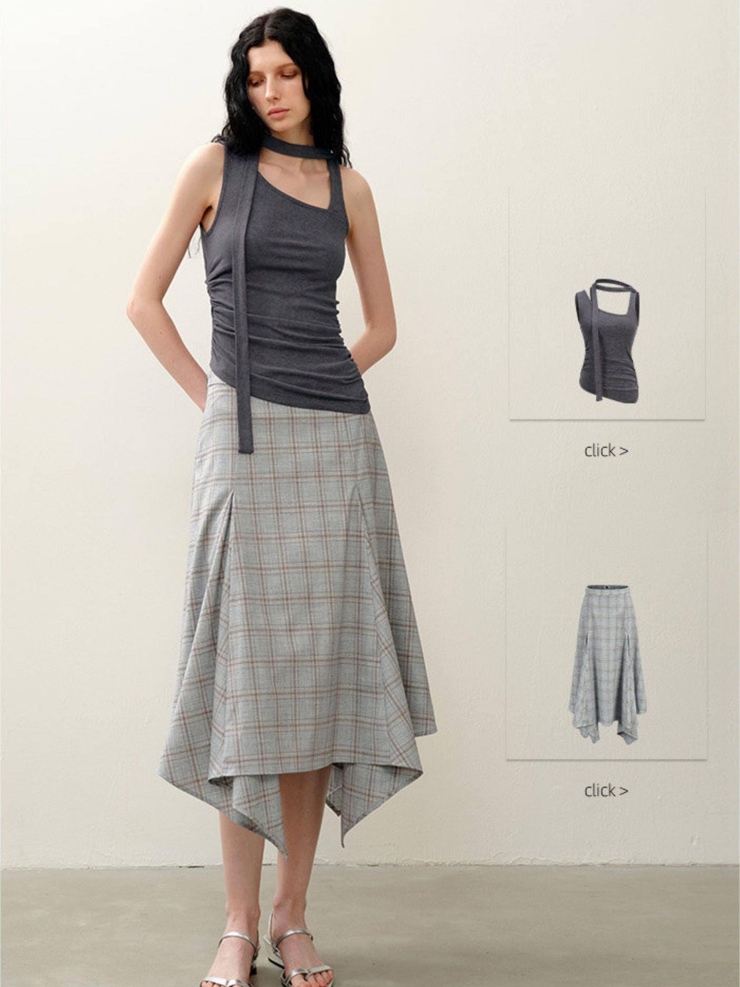 someonesometimes Lightweight Polyester Two Piece Plaid Short Sleeve Pullover Top & Skirt Sets