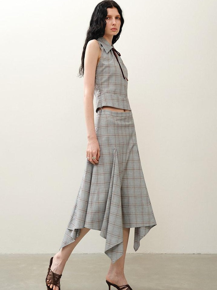 someonesometimes Lightweight Polyester Two Piece Plaid Short Sleeve Pullover Top & Skirt Sets