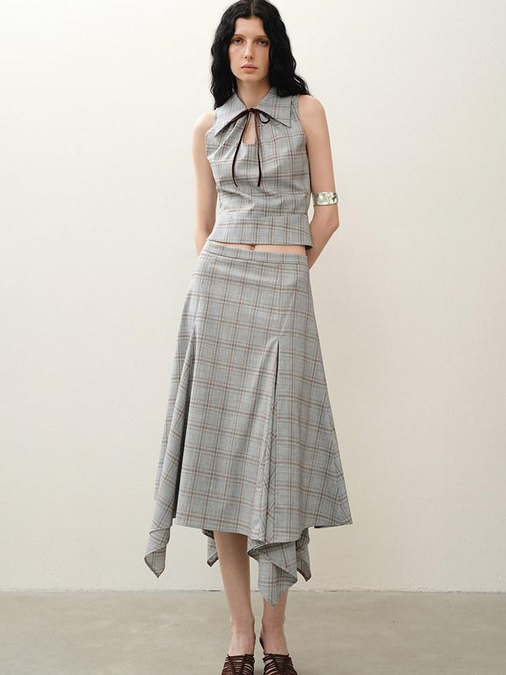 someonesometimes Lightweight Polyester Two Piece Plaid Short Sleeve Pullover Top & Skirt Sets