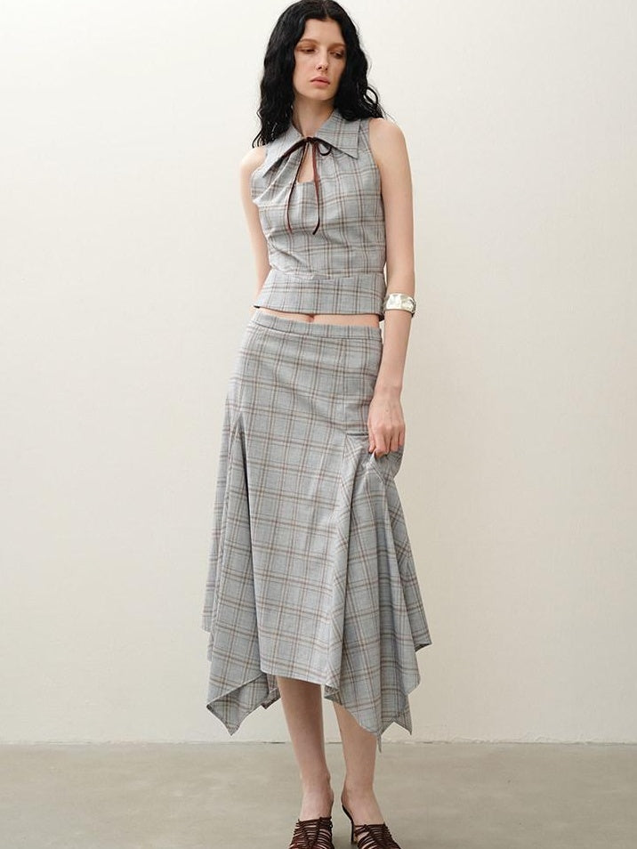 someonesometimes Lightweight Polyester Two Piece Plaid Short Sleeve Pullover Top & Skirt Sets