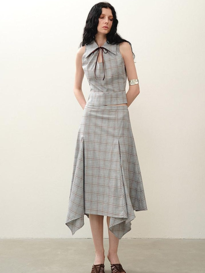 someonesometimes Lightweight Polyester Two Piece Plaid Short Sleeve Pullover Top & Skirt Sets