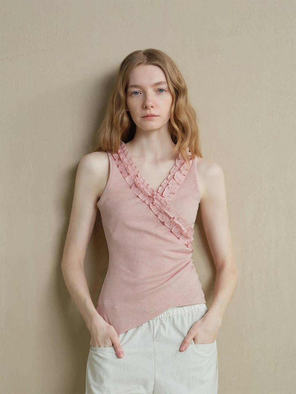 someonesometimes Lightweight Ruched Blush Pink Office Slim Fit Polyester Blend Women Tank Tops
