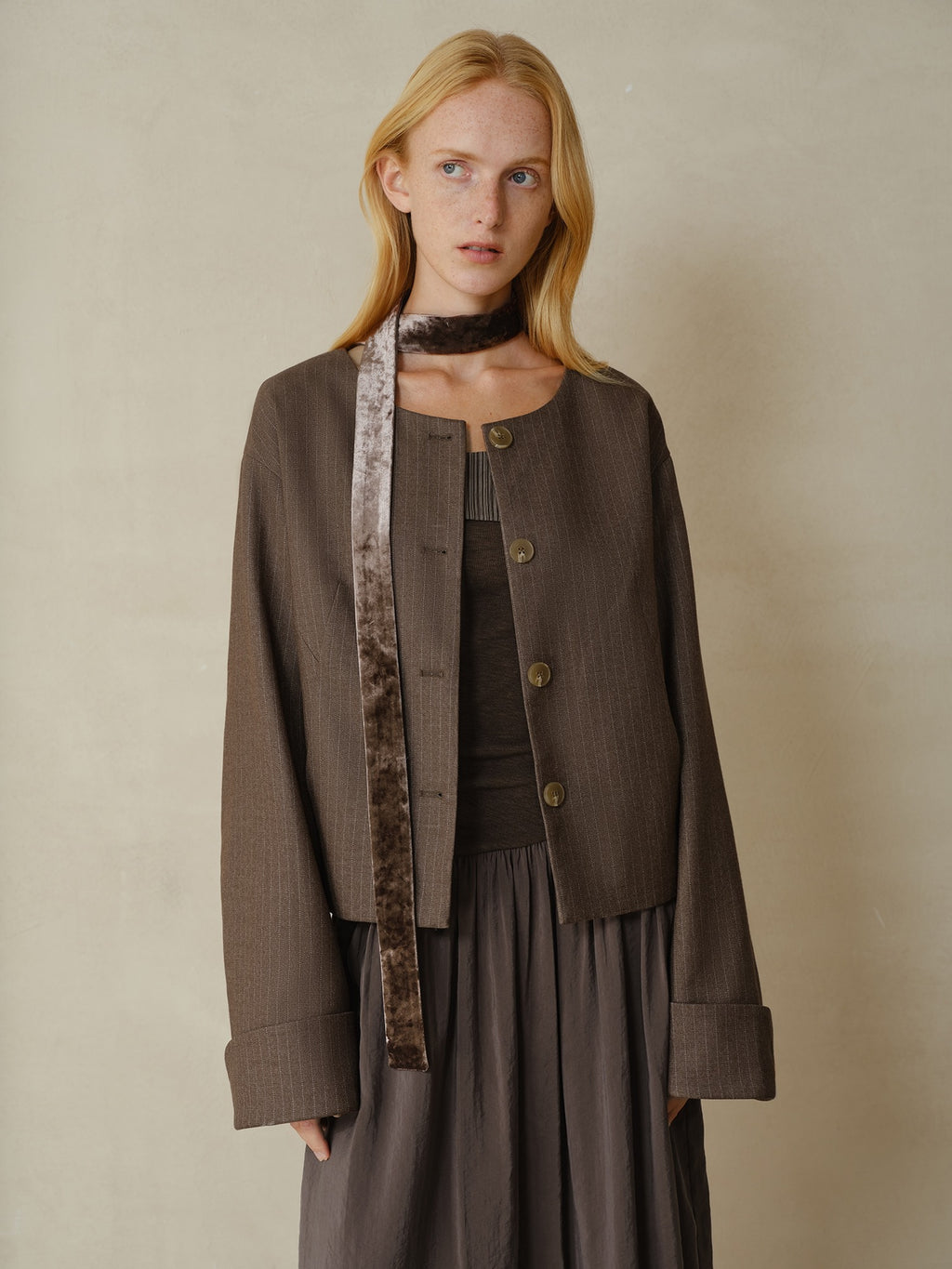 someonesometimes Lightweight Striped Cropped Loose Fit Halter Women Polyester Coffee Trench Coats