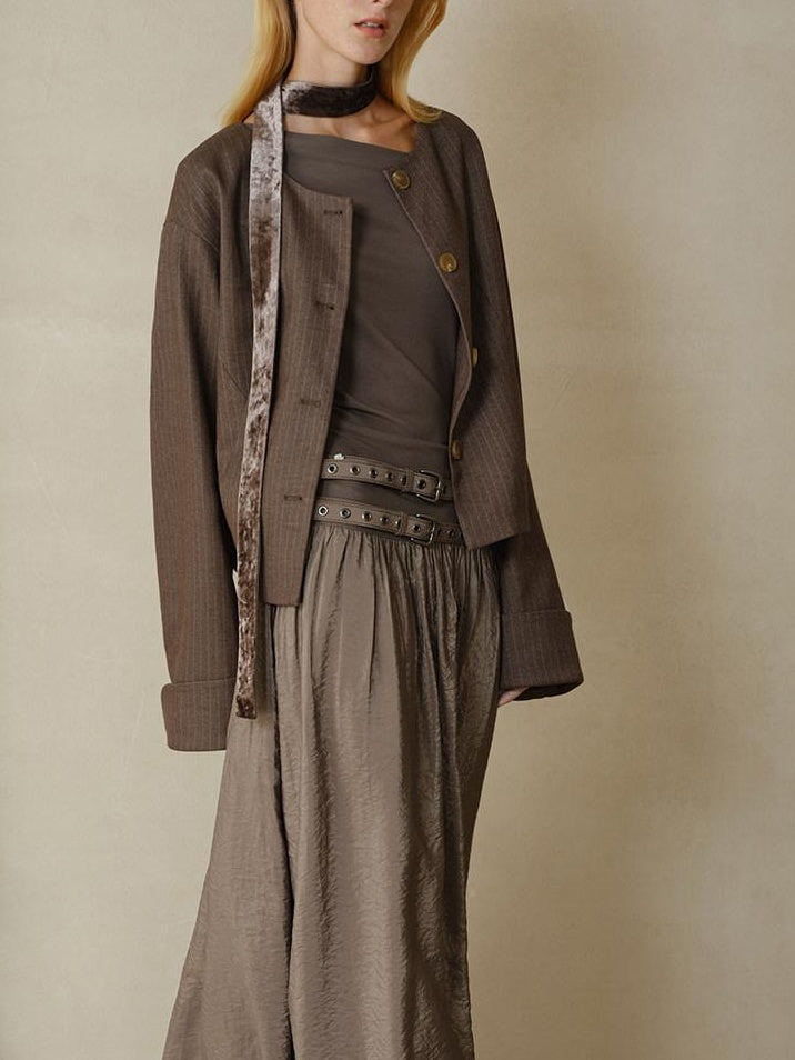 someonesometimes Lightweight Striped Cropped Loose Fit Halter Women Polyester Coffee Trench Coats