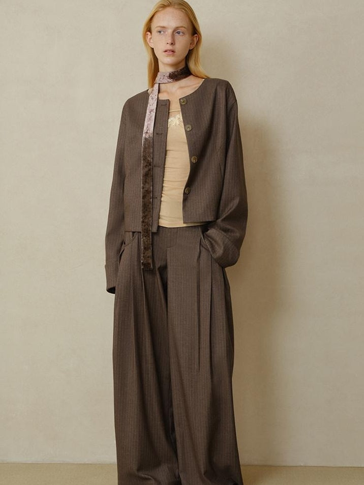 someonesometimes Lightweight Striped Cropped Loose Fit Halter Women Polyester Coffee Trench Coats