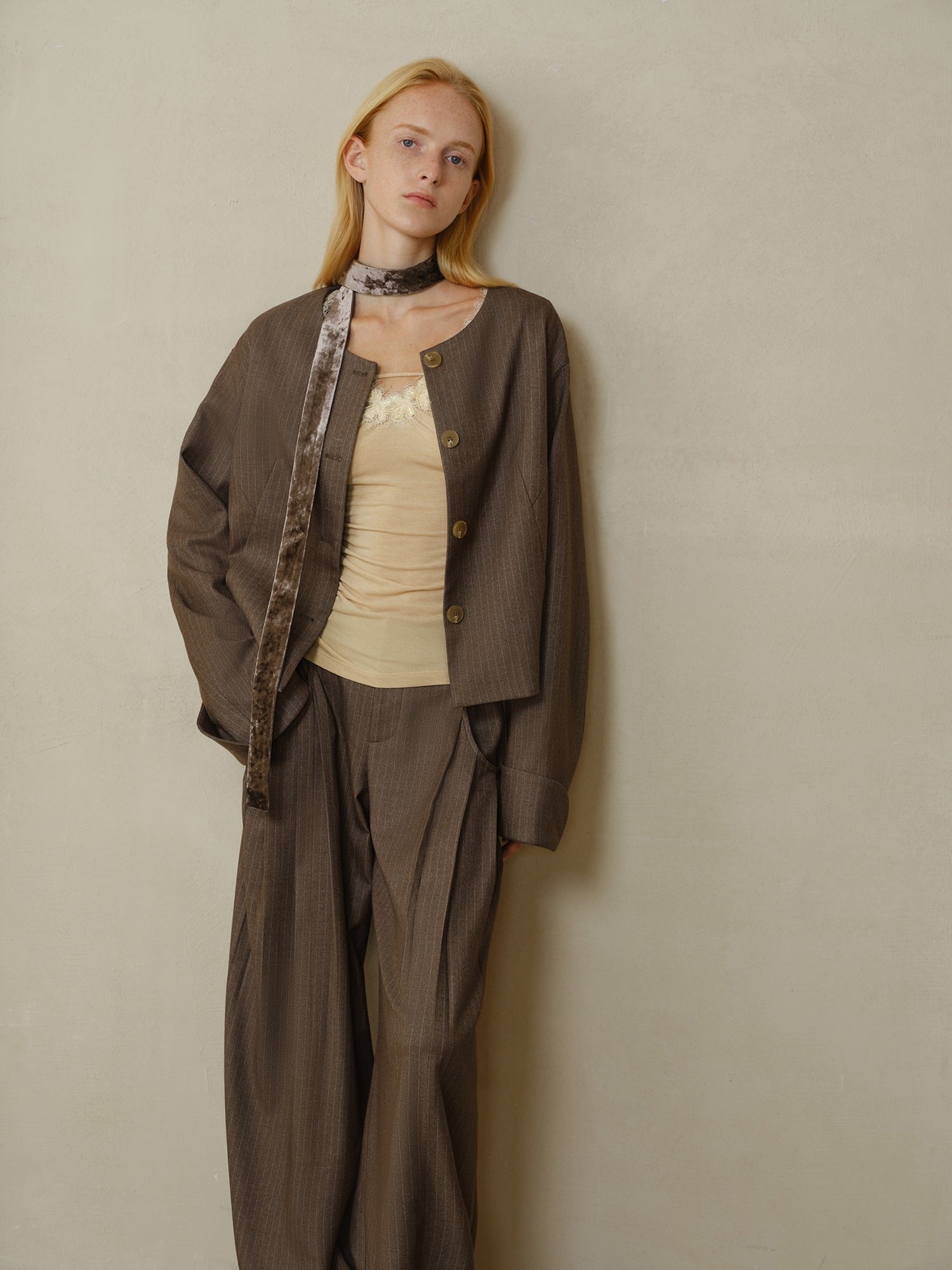 someonesometimes Lightweight Striped Cropped Loose Fit Halter Women Polyester Coffee Trench Coats