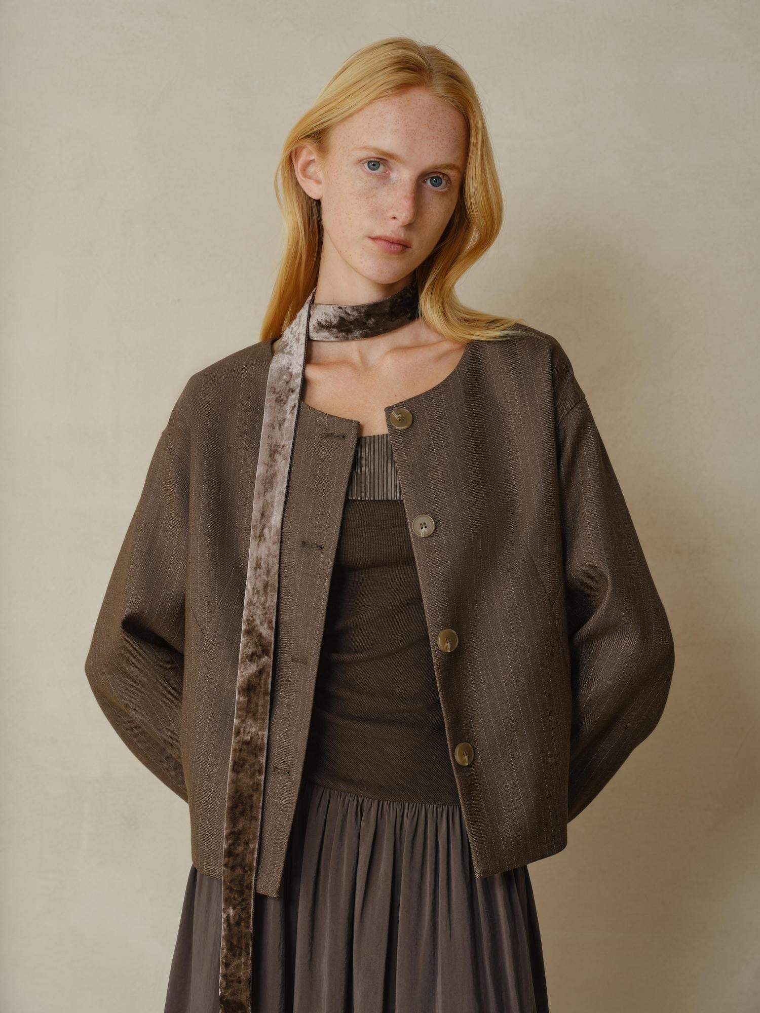 someonesometimes Lightweight Striped Cropped Loose Fit Halter Women Polyester Coffee Trench Coats