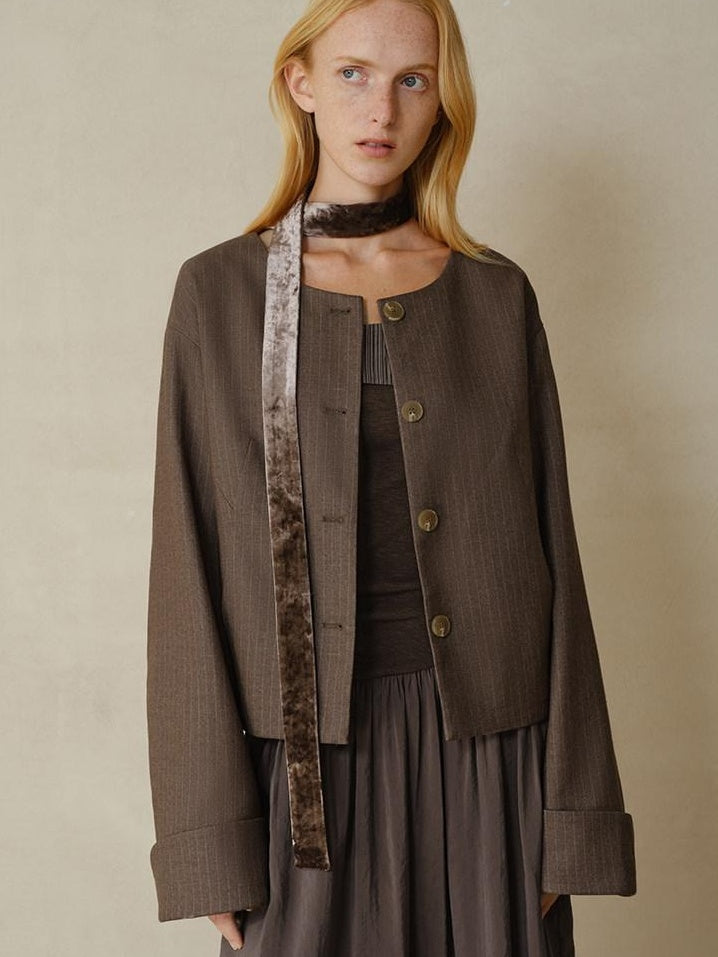 someonesometimes Lightweight Striped Cropped Loose Fit Halter Women Polyester Coffee Trench Coats