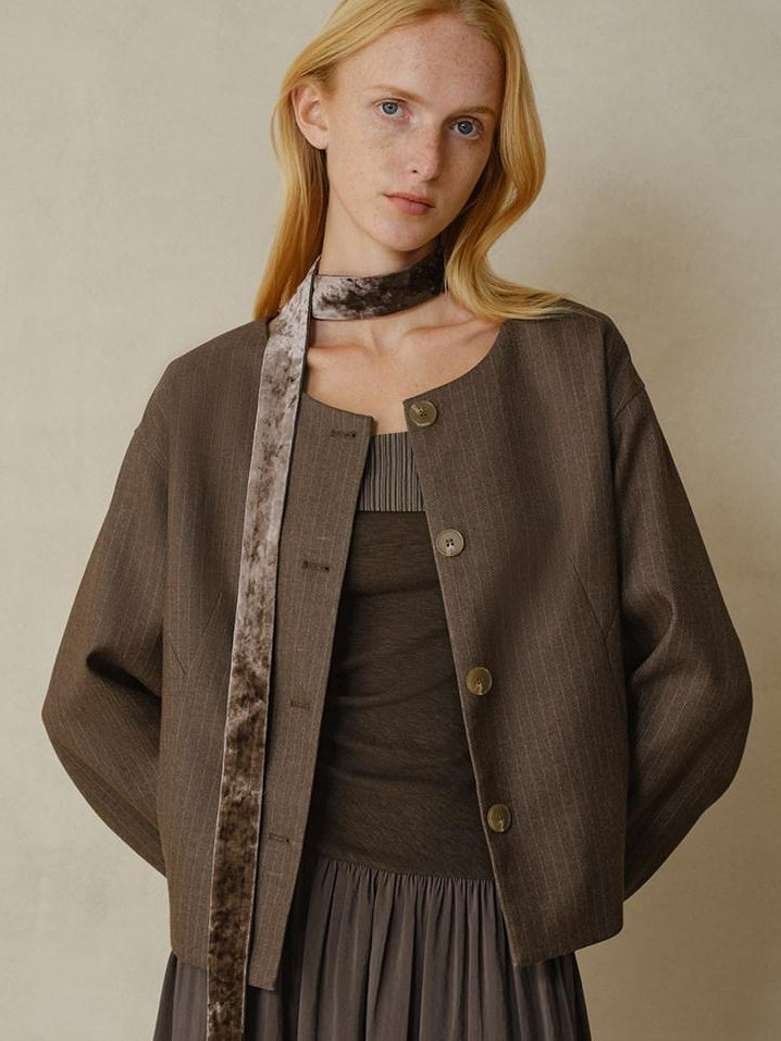 someonesometimes Lightweight Striped Cropped Loose Fit Halter Women Polyester Coffee Trench Coats
