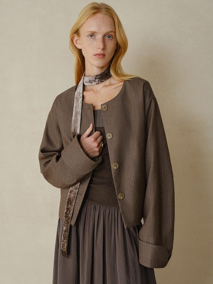 someonesometimes Lightweight Striped Cropped Loose Fit Halter Women Polyester Coffee Trench Coats
