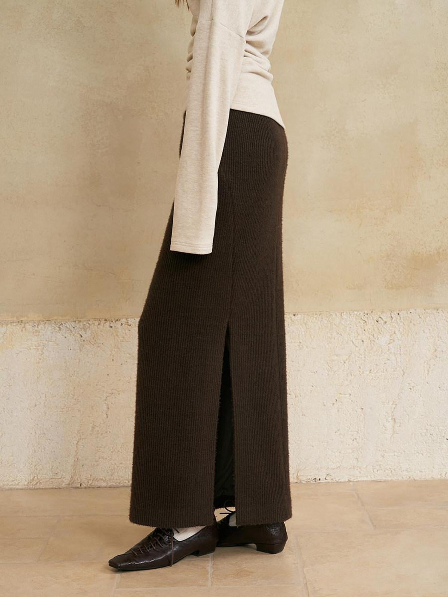 someonesometimes Lined Mid Waist Slit Casual Straight Knit Dark Brown Daily Maxi Skirts