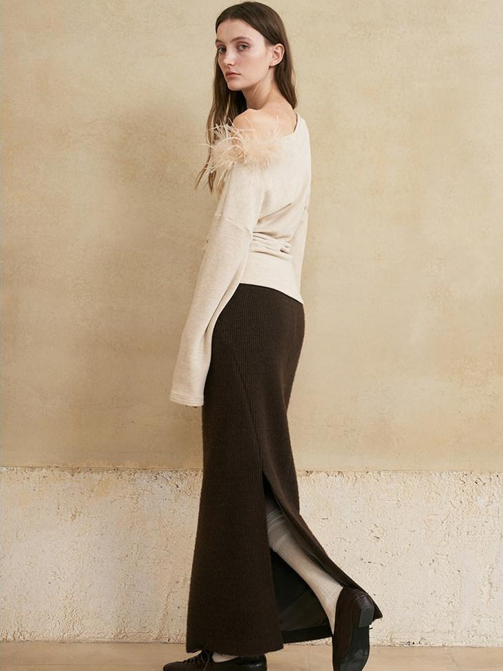 someonesometimes Lined Mid Waist Slit Casual Straight Knit Dark Brown Daily Maxi Skirts