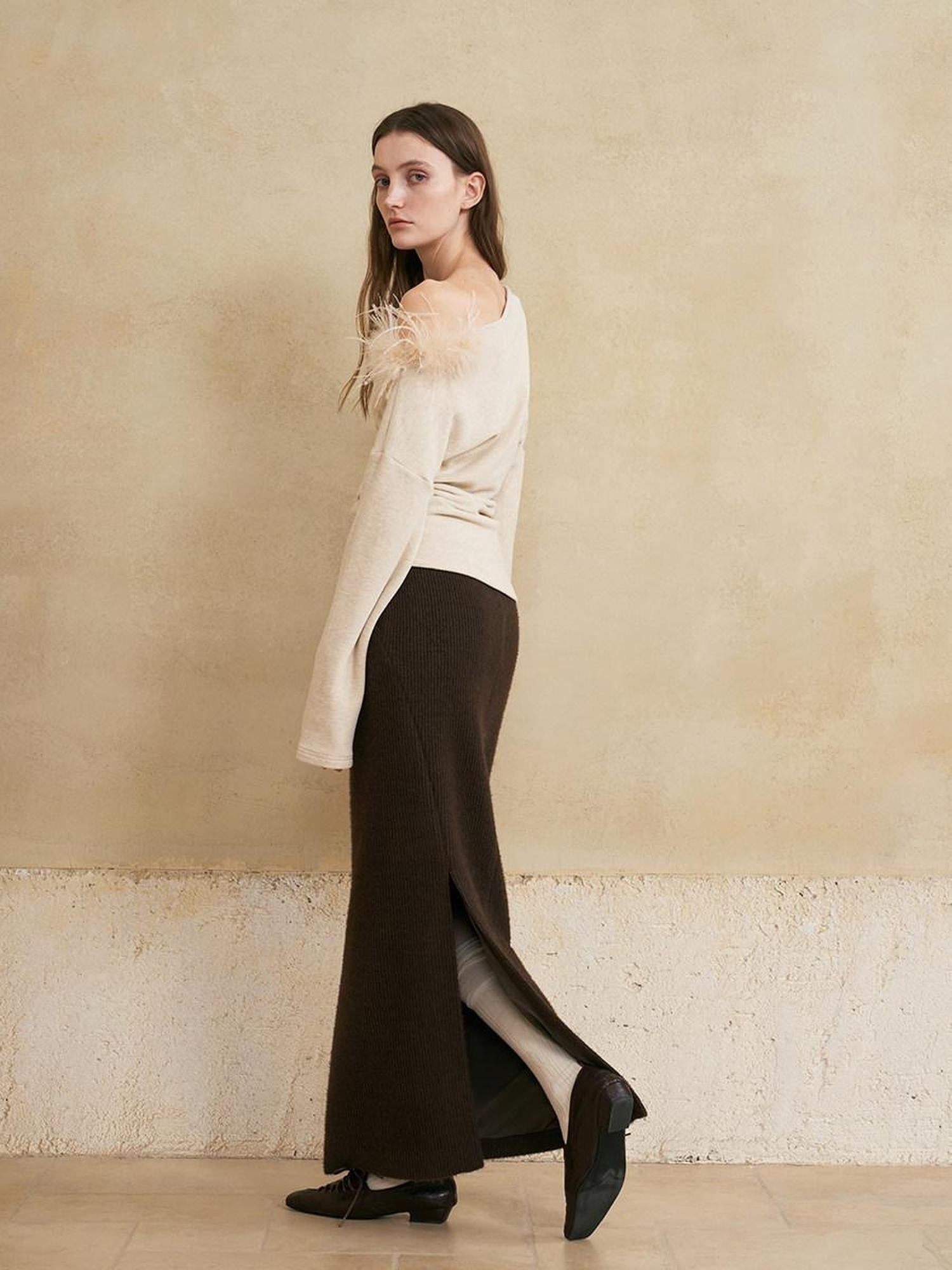 someonesometimes Lined Mid Waist Slit Casual Straight Knit Dark Brown Daily Maxi Skirts