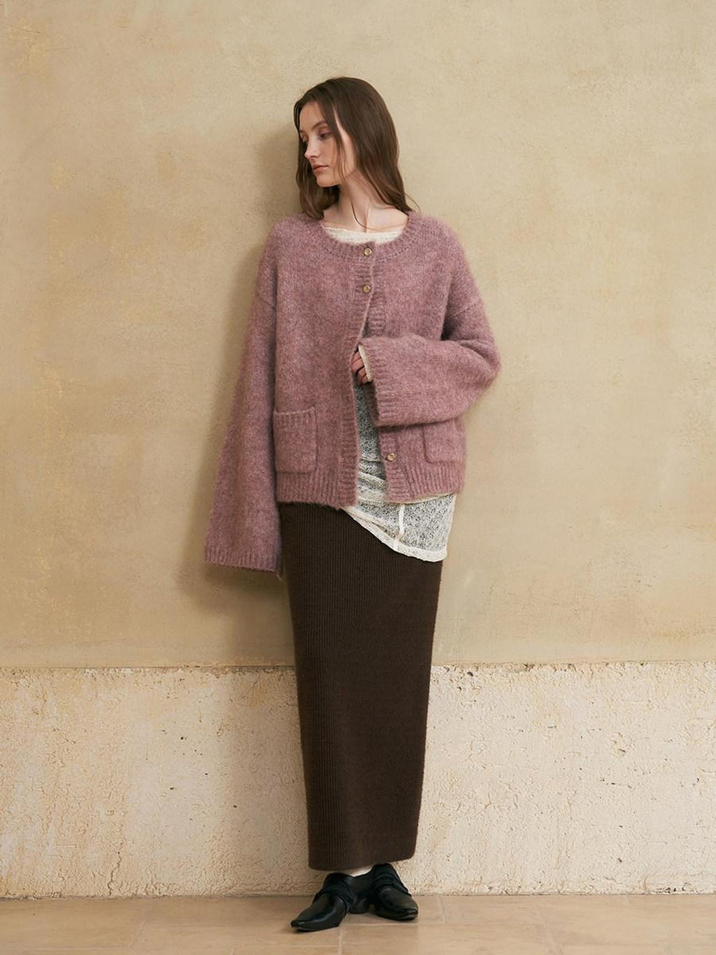 someonesometimes Lined Mid Waist Slit Casual Straight Knit Dark Brown Daily Maxi Skirts