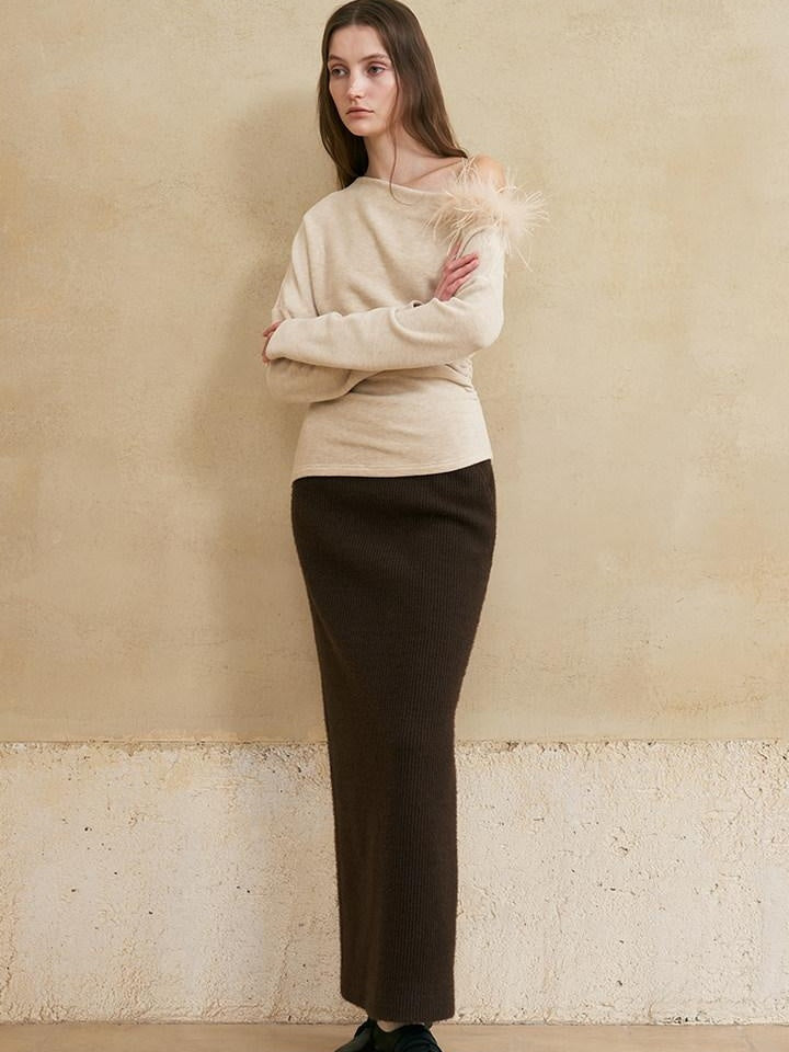 someonesometimes Lined Mid Waist Slit Casual Straight Knit Dark Brown Daily Maxi Skirts