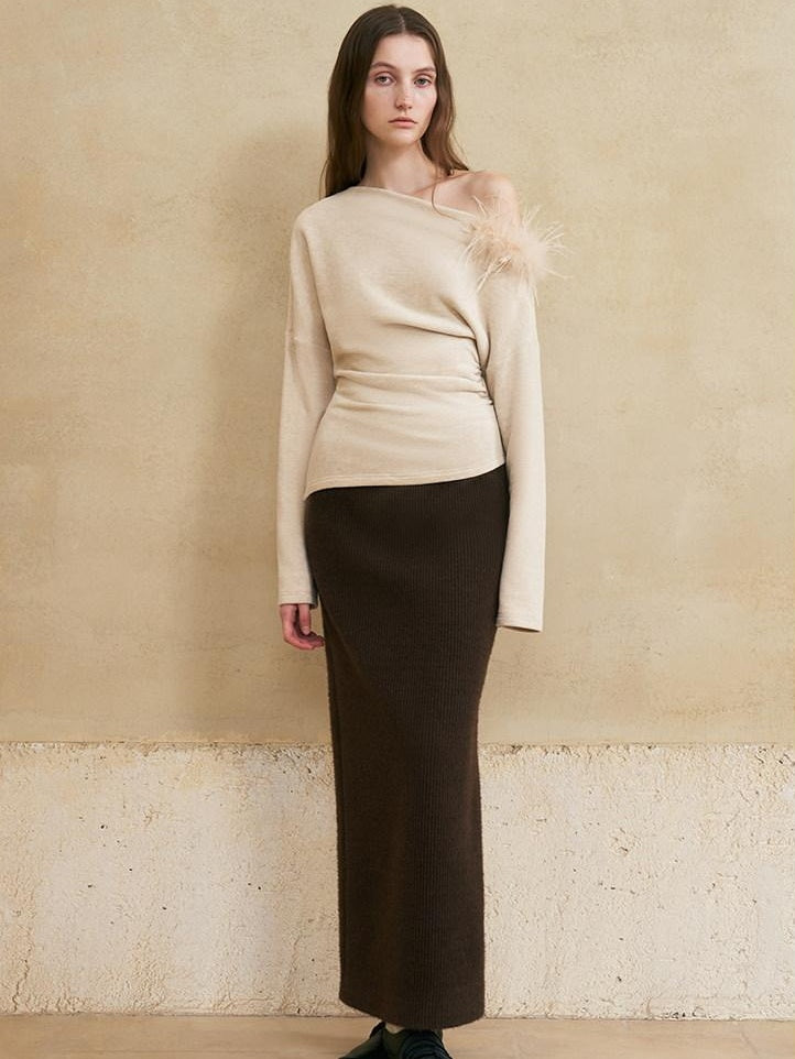 someonesometimes Lined Mid Waist Slit Casual Straight Knit Dark Brown Daily Maxi Skirts