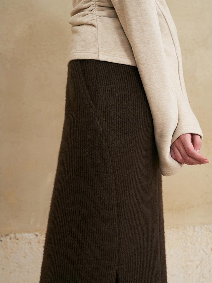 someonesometimes Lined Mid Waist Slit Casual Straight Knit Dark Brown Daily Maxi Skirts