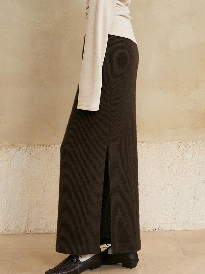 someonesometimes Lined Mid Waist Slit Casual Straight Knit Dark Brown Daily Maxi Skirts