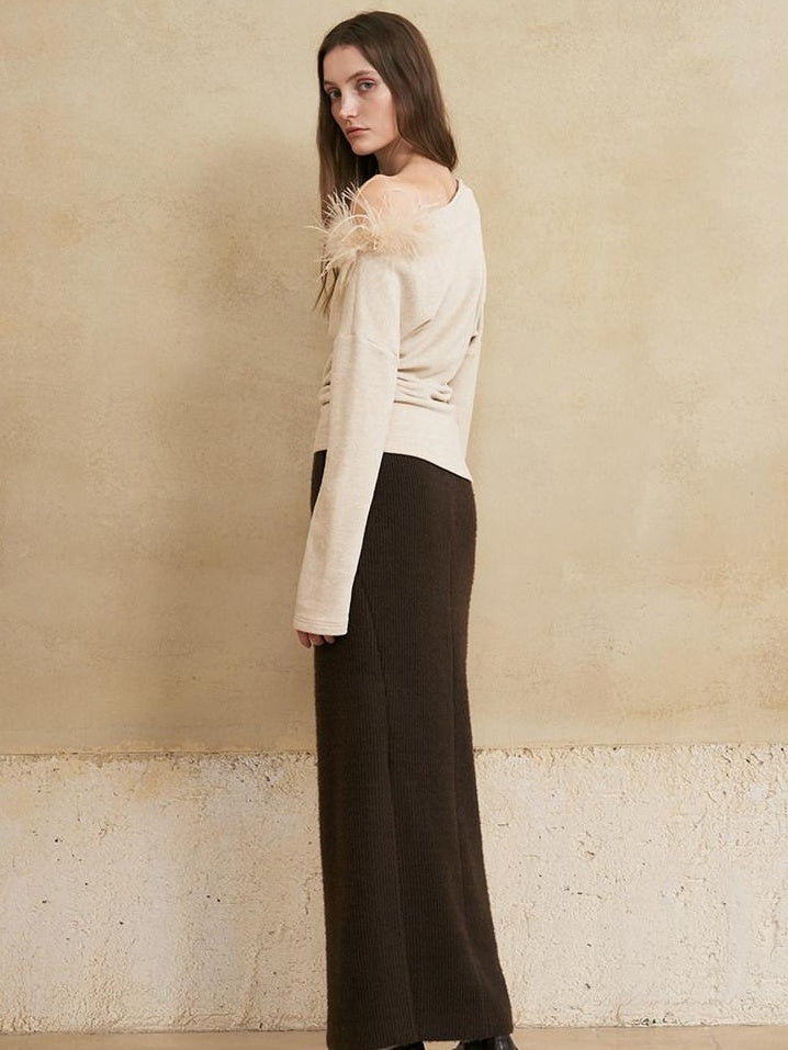 someonesometimes Lined Mid Waist Slit Casual Straight Knit Dark Brown Daily Maxi Skirts
