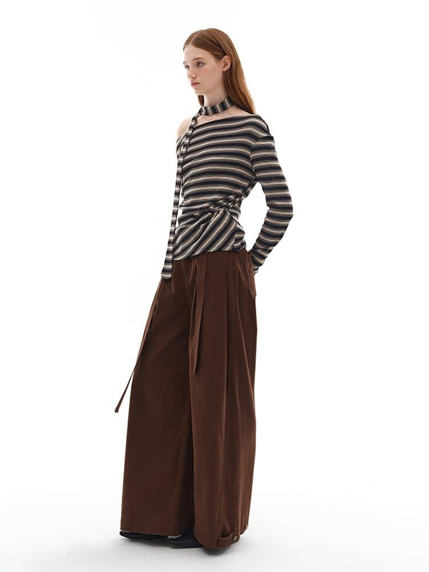 someonesometimes Lyocell Blend Knit Loose Minimal Striped Slanted Neckline Long Sleeve T-Shirts