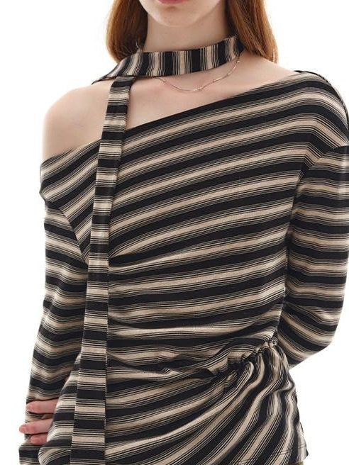someonesometimes Lyocell Blend Knit Loose Minimal Striped Slanted Neckline Long Sleeve T-Shirts