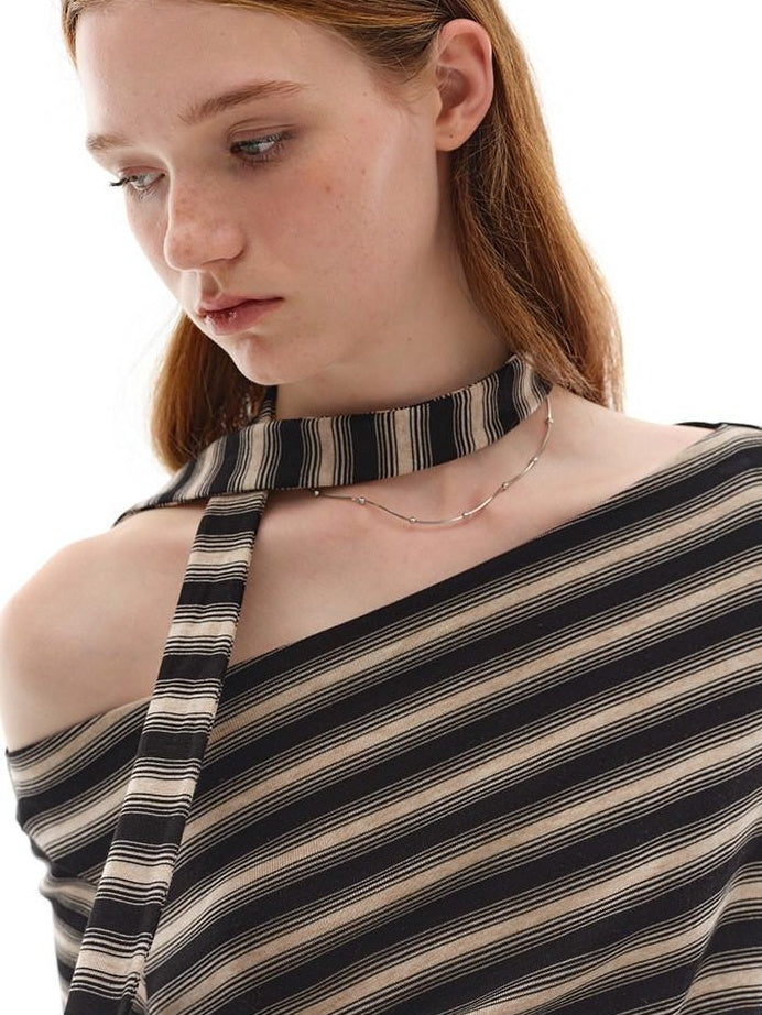 someonesometimes Lyocell Blend Knit Loose Minimal Striped Slanted Neckline Long Sleeve T-Shirts