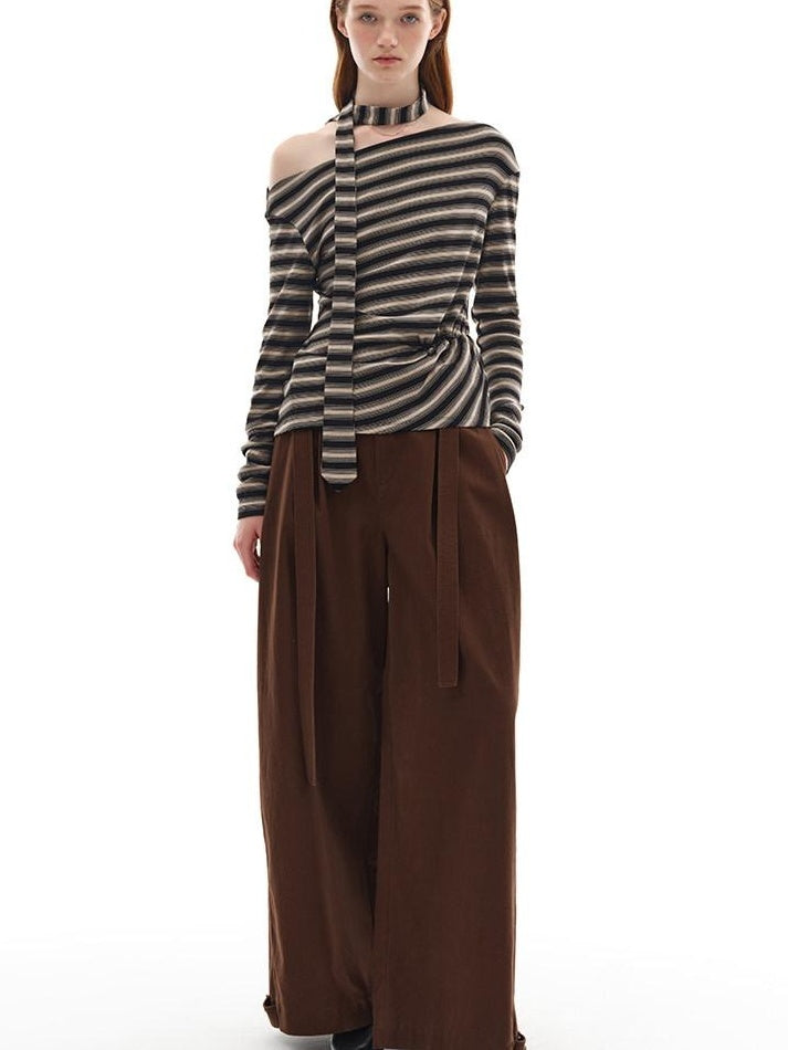 someonesometimes Lyocell Blend Knit Loose Minimal Striped Slanted Neckline Long Sleeve T-Shirts