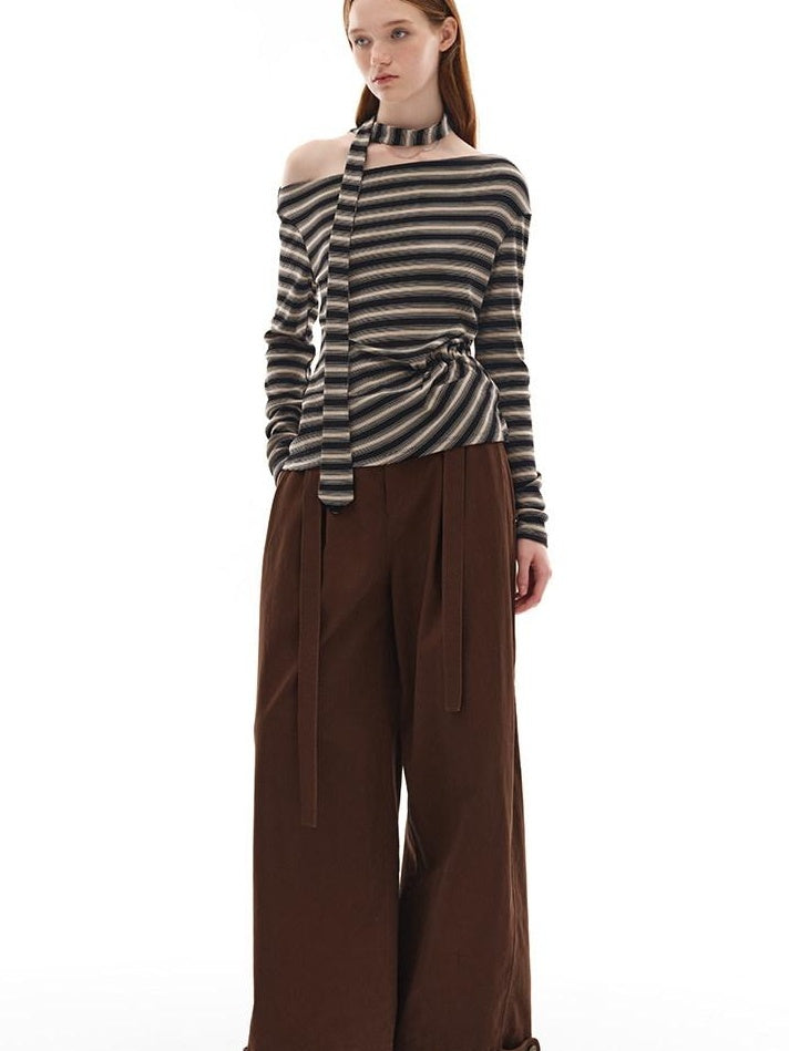 someonesometimes Lyocell Blend Knit Loose Minimal Striped Slanted Neckline Long Sleeve T-Shirts