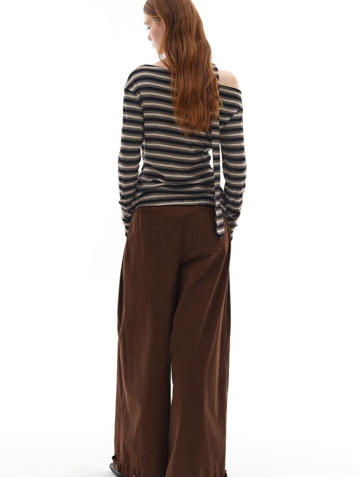 someonesometimes Lyocell Blend Knit Loose Minimal Striped Slanted Neckline Long Sleeve T-Shirts