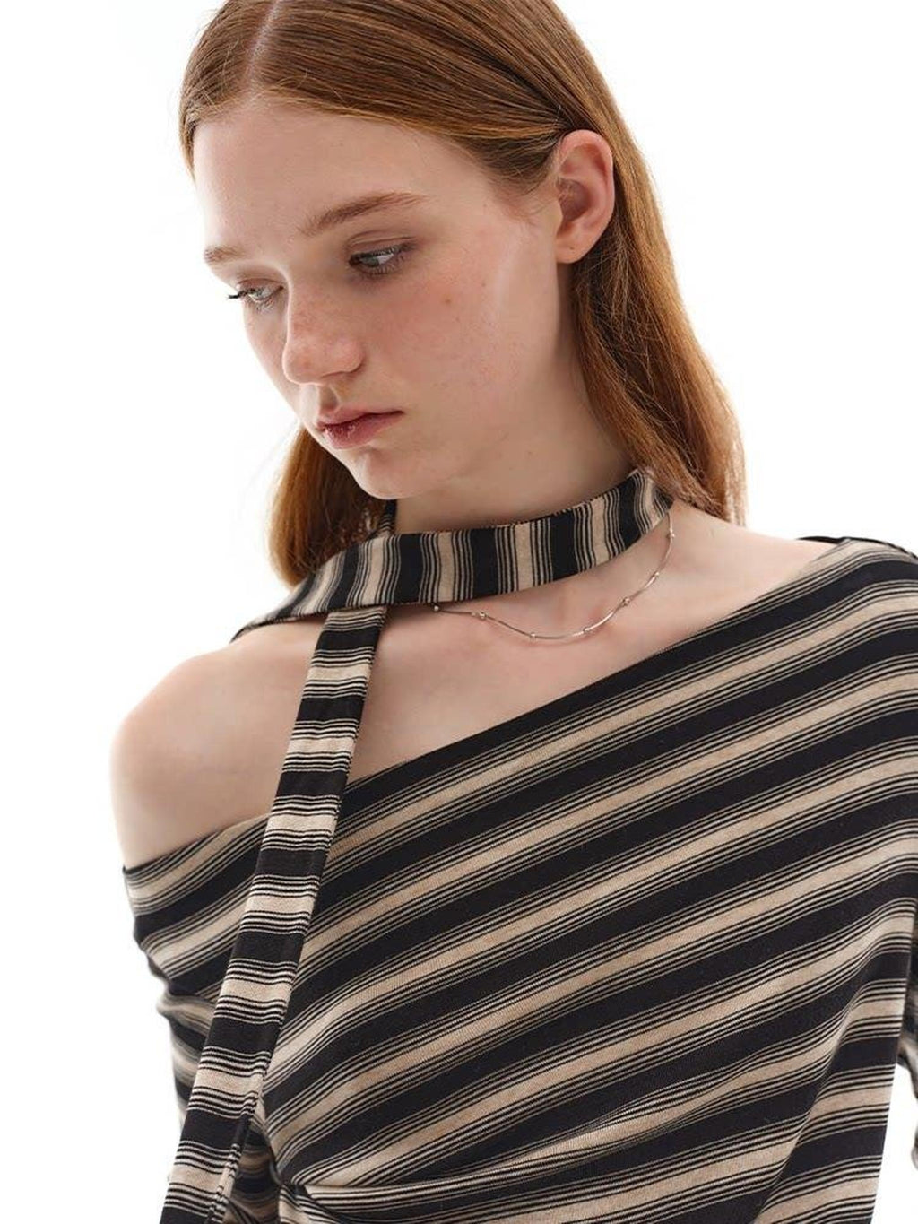 someonesometimes Lyocell Blend Knit Loose Minimal Striped Slanted Neckline Long Sleeve T-Shirts
