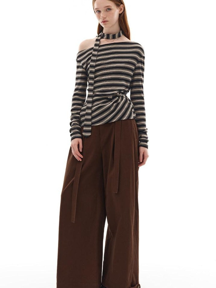someonesometimes Lyocell Blend Knit Loose Minimal Striped Slanted Neckline Long Sleeve T-Shirts