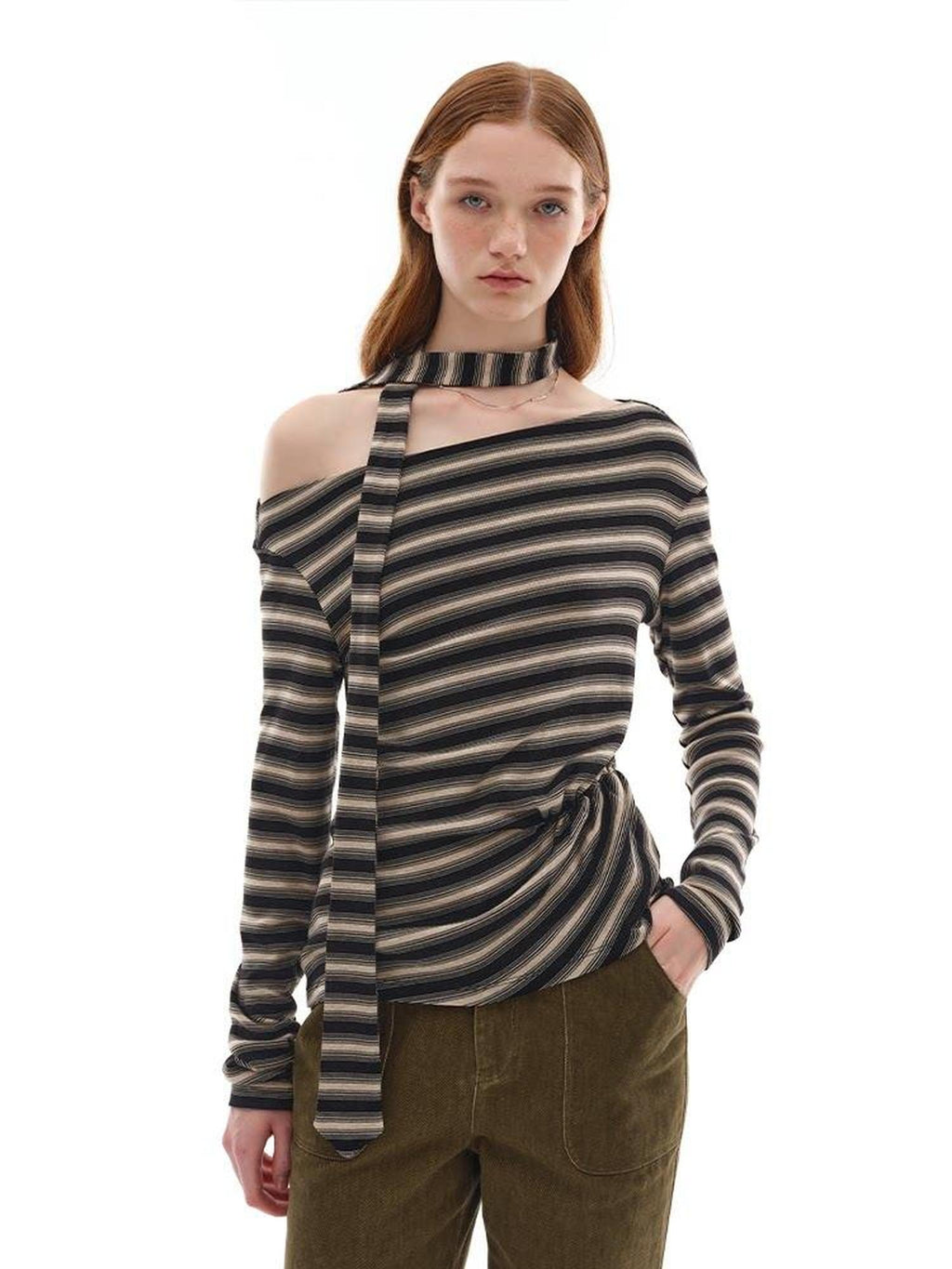 someonesometimes Lyocell Blend Knit Loose Minimal Striped Slanted Neckline Long Sleeve T-Shirts