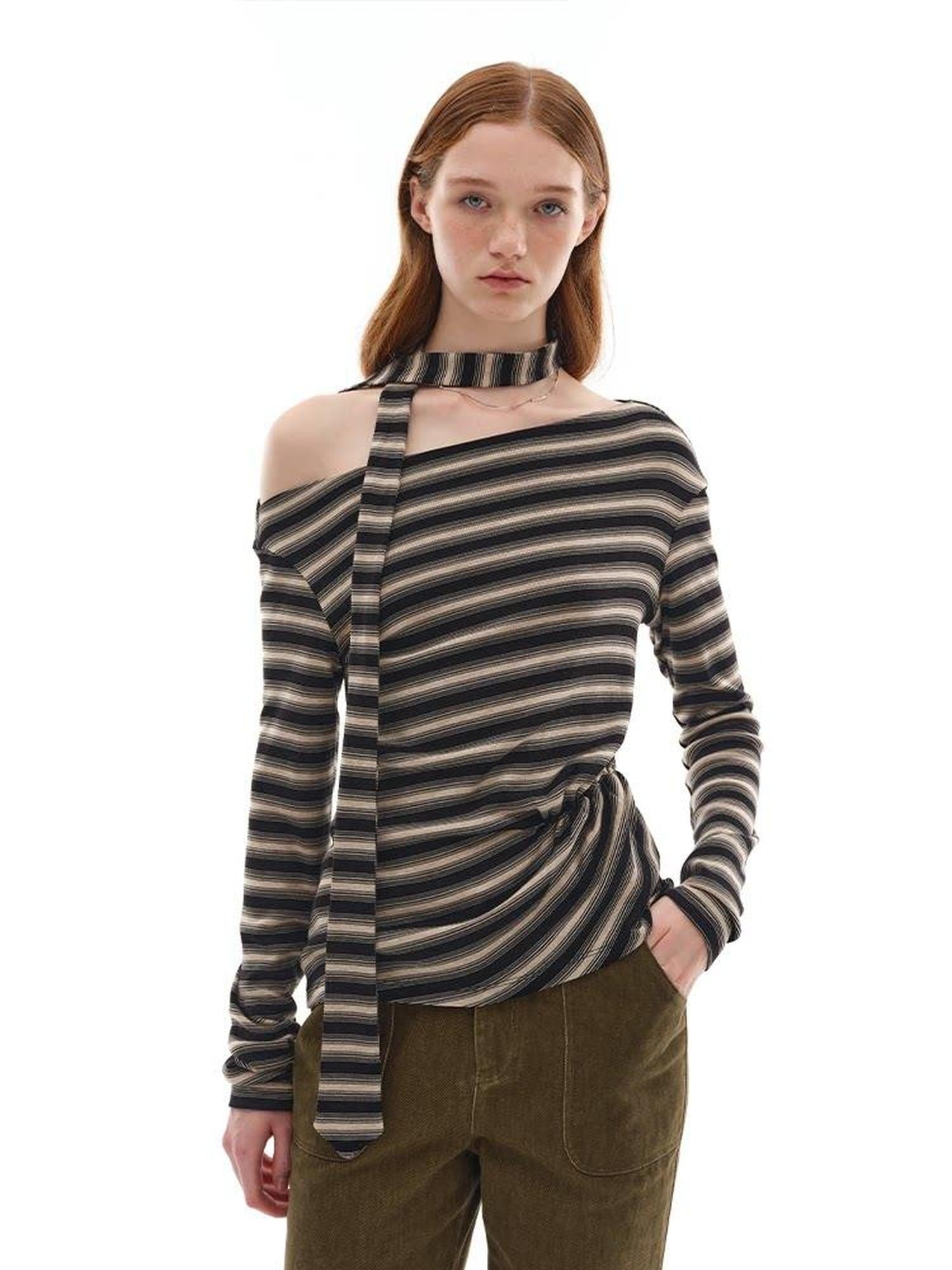someonesometimes Lyocell Blend Knit Loose Minimal Striped Slanted Neckline Long Sleeve T-Shirts