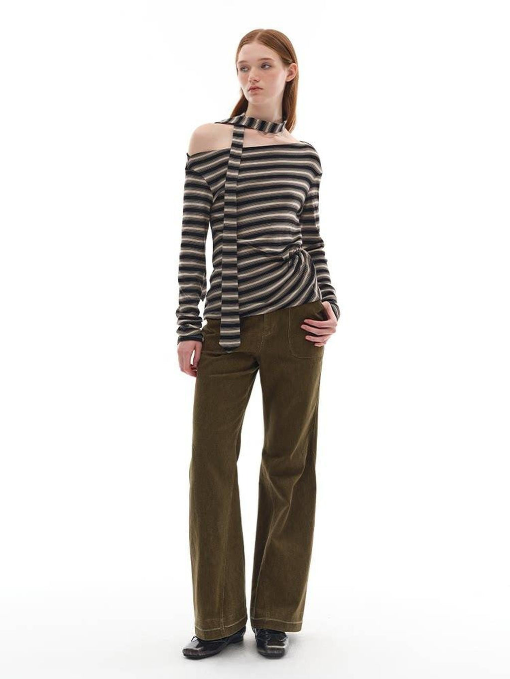 someonesometimes Lyocell Blend Knit Loose Minimal Striped Slanted Neckline Long Sleeve T-Shirts