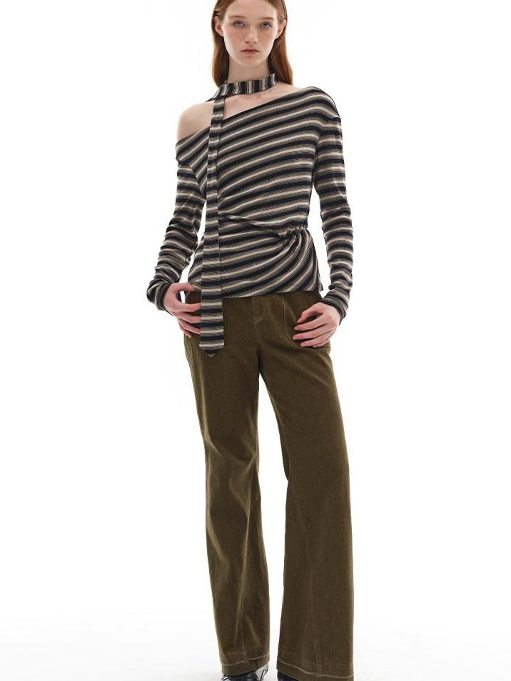 someonesometimes Lyocell Blend Knit Loose Minimal Striped Slanted Neckline Long Sleeve T-Shirts