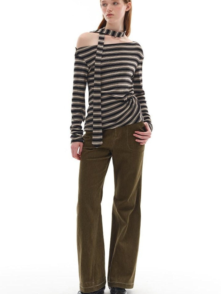 someonesometimes Lyocell Blend Knit Loose Minimal Striped Slanted Neckline Long Sleeve T-Shirts