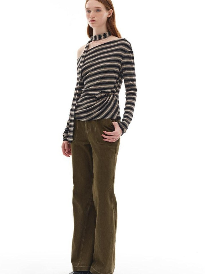 someonesometimes Lyocell Blend Knit Loose Minimal Striped Slanted Neckline Long Sleeve T-Shirts