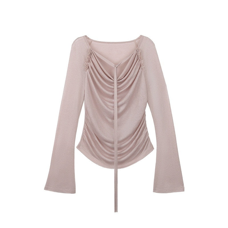 someonesometimes_Lyocell_Blend_Slim_Ruched_Bell_Sleeve_Mauve_Drape_Neck_Long_Sleeve_T-Shirts_MISSTT