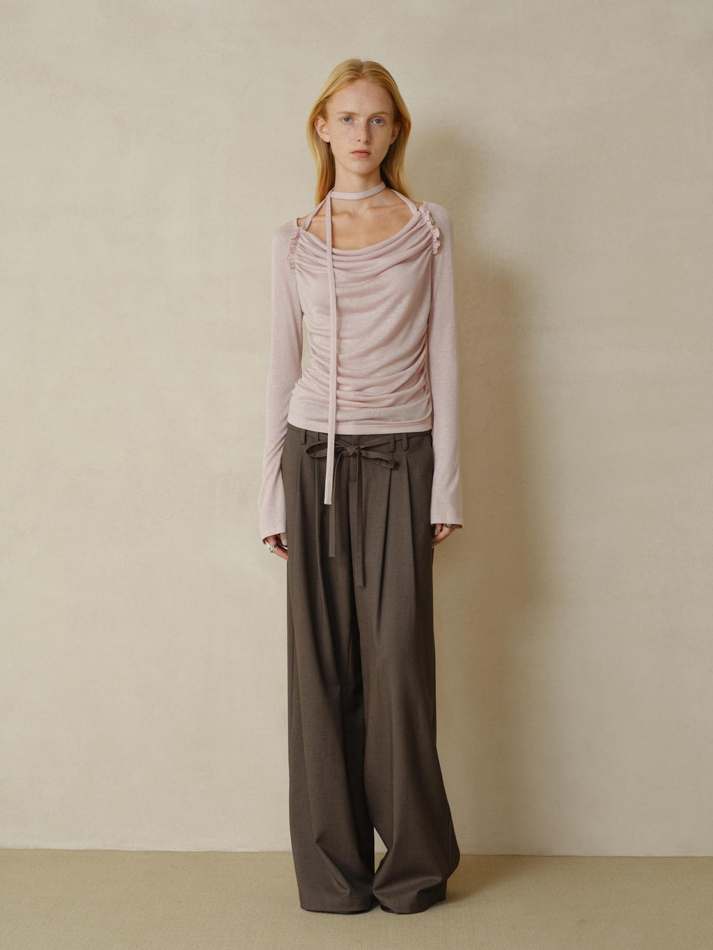someonesometimes Lyocell Blend Slim Ruched Bell Sleeve Mauve Drape Neck Long Sleeve T-Shirts