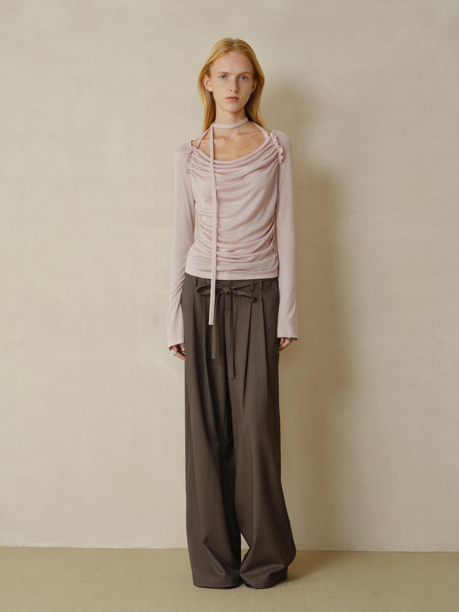 someonesometimes Lyocell Blend Slim Ruched Bell Sleeve Mauve Drape Neck Long Sleeve T-Shirts