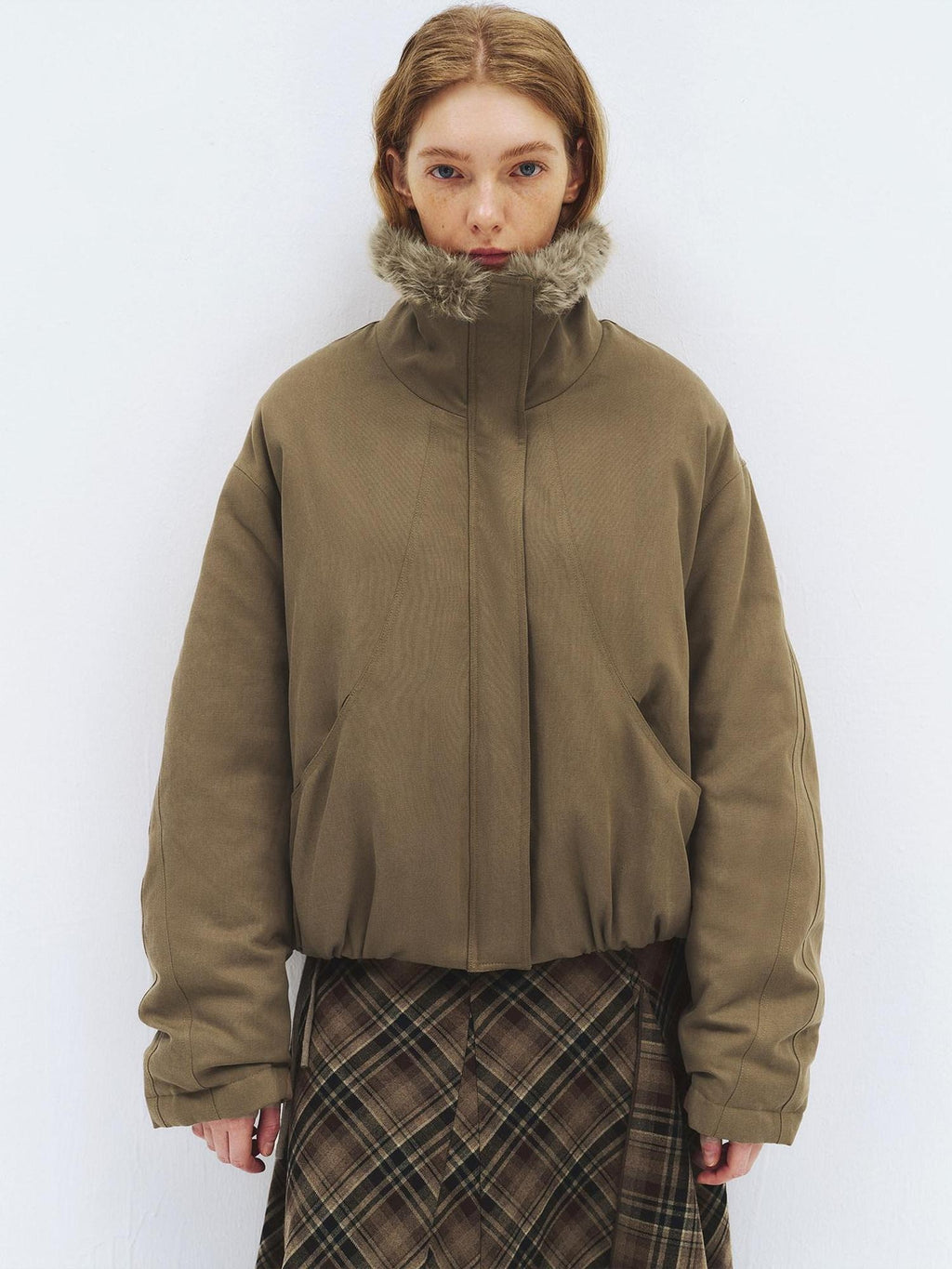 someonesometimes Lyocell Cotton Blend Relaxed Stand Collar Zip Women Beechwood Green Short Coat
