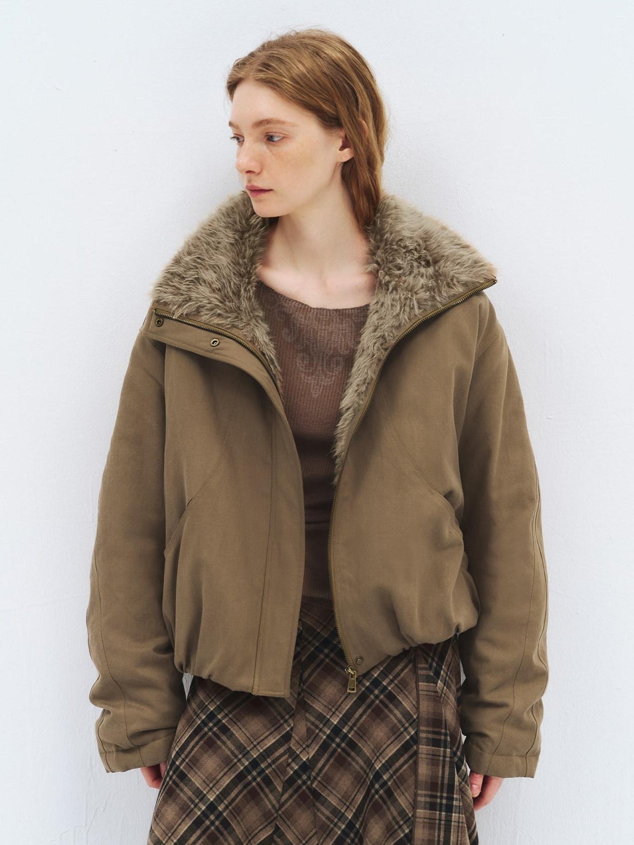 someonesometimes Lyocell Cotton Blend Relaxed Stand Collar Zip Women Beechwood Green Short Coat