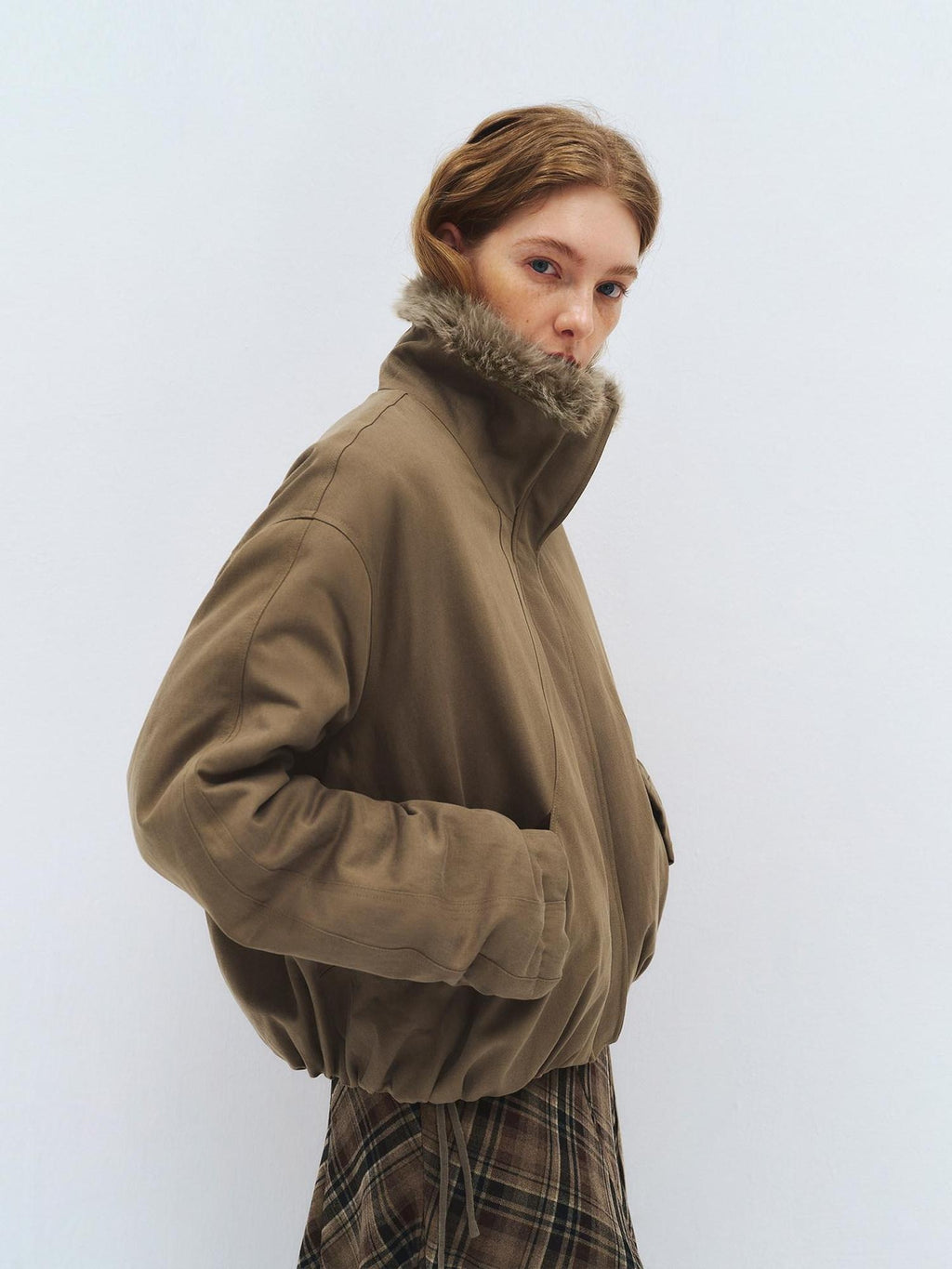 someonesometimes Lyocell Cotton Blend Relaxed Stand Collar Zip Women Beechwood Green Short Coat