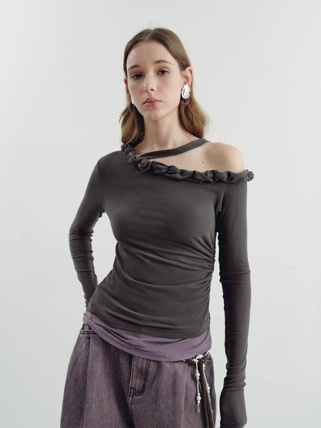 someonesometimes Lyocell Linen Blend Asymmetric Neckline Slim Fit Women Long Sleeve T-Shirts
