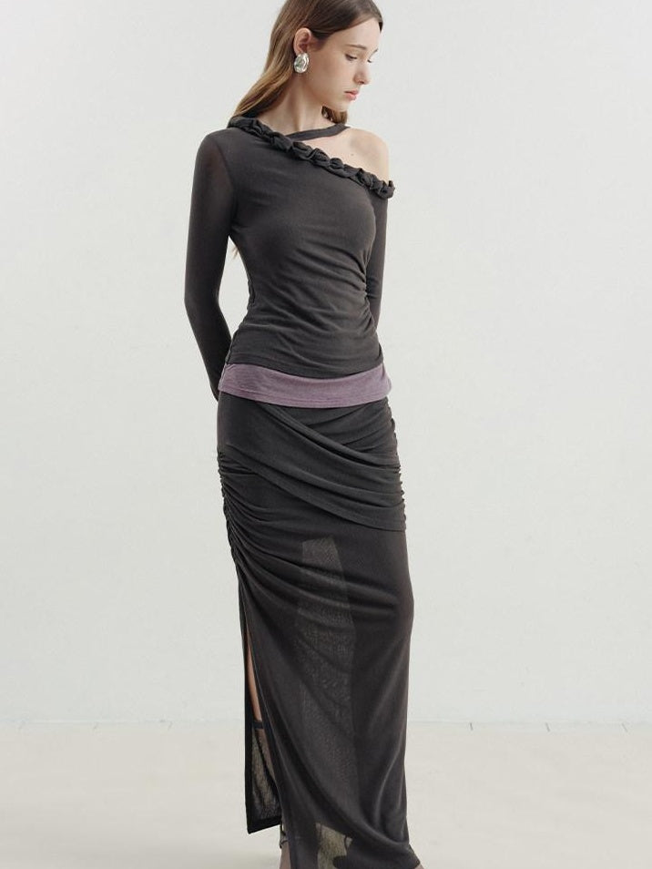 someonesometimes Lyocell Linen Blend Asymmetric Neckline Slim Fit Women Long Sleeve T-Shirts