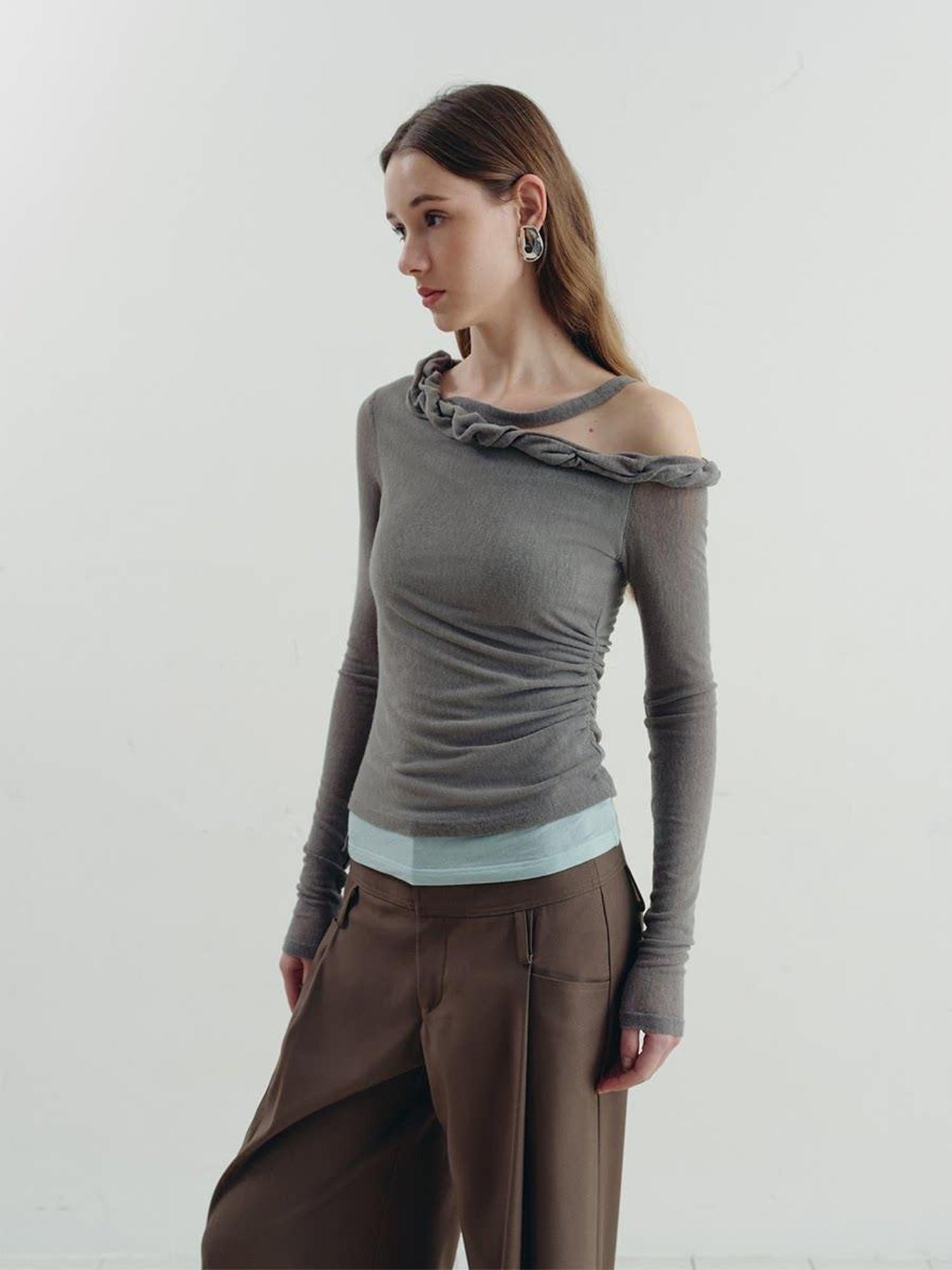 someonesometimes Lyocell Linen Blend Slim Fit Asymmetrical Neck Mint Gray Long Sleeve T-Shirts