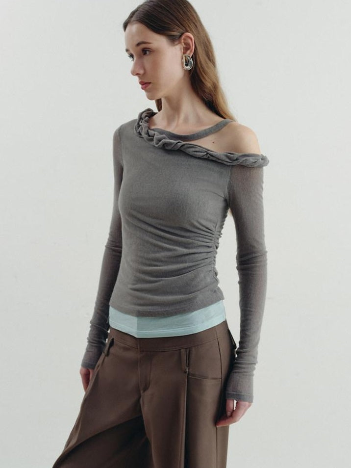 someonesometimes Lyocell Linen Blend Slim Fit Asymmetrical Neck Mint Gray Long Sleeve T-Shirts