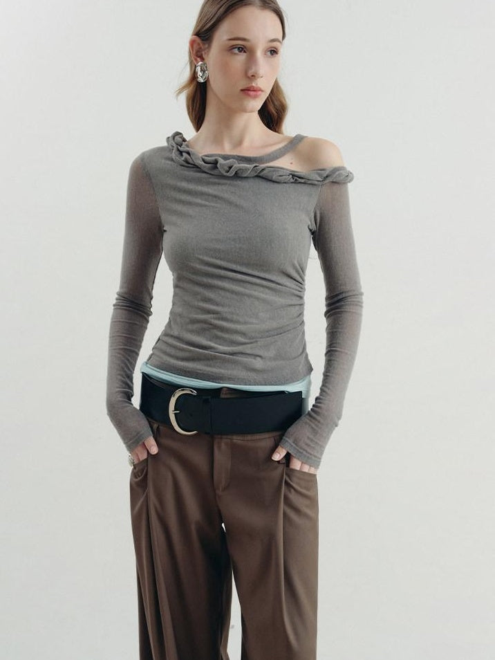someonesometimes Lyocell Linen Blend Slim Fit Asymmetrical Neck Mint Gray Long Sleeve T-Shirts