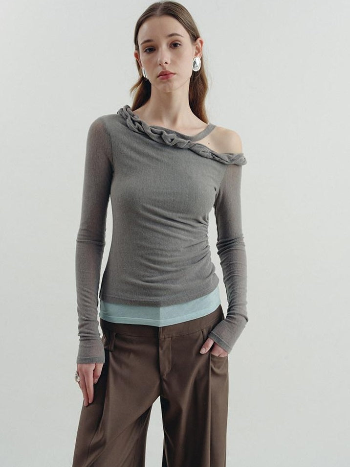 someonesometimes Lyocell Linen Blend Slim Fit Asymmetrical Neck Mint Gray Long Sleeve T-Shirts